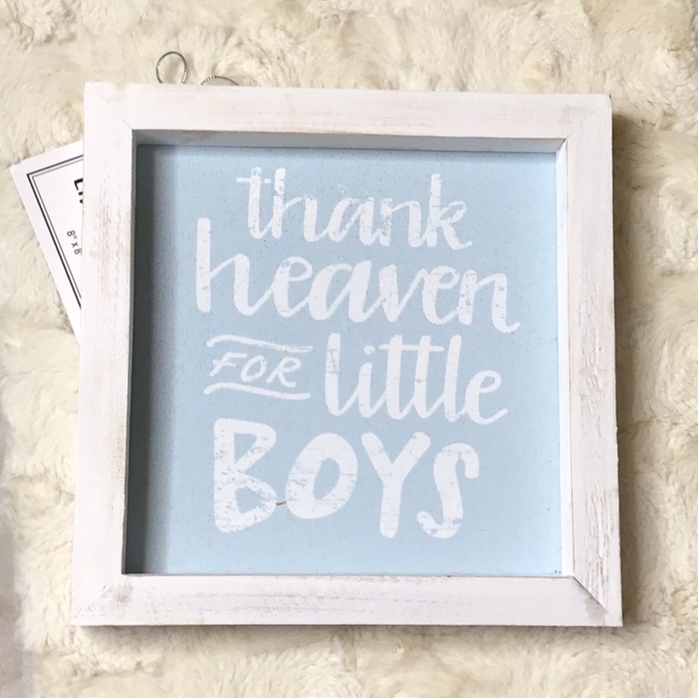 Brownlow 8x8” blue and white linen sign. “Thank Heaven for Little Boys”